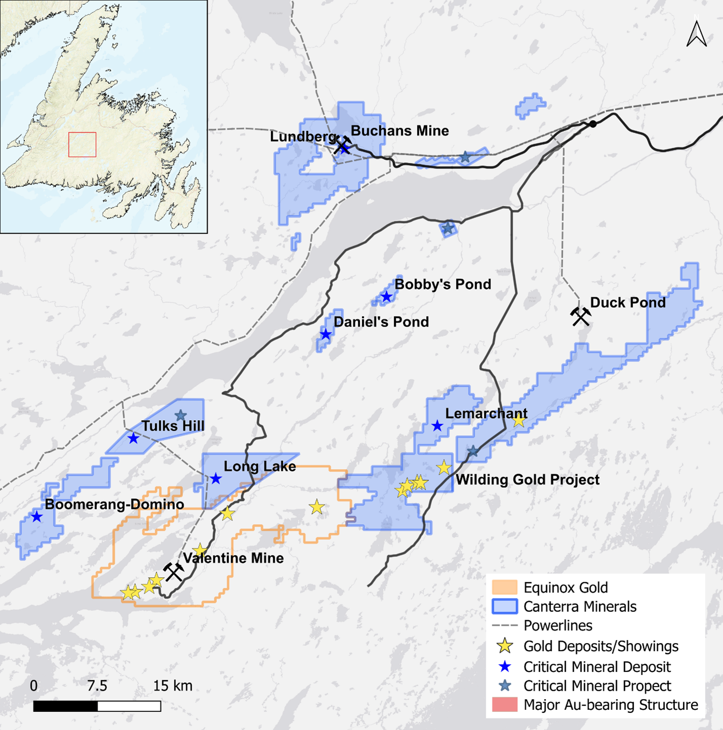 Map of Canterra's Central Newfoundland Mining District properties.