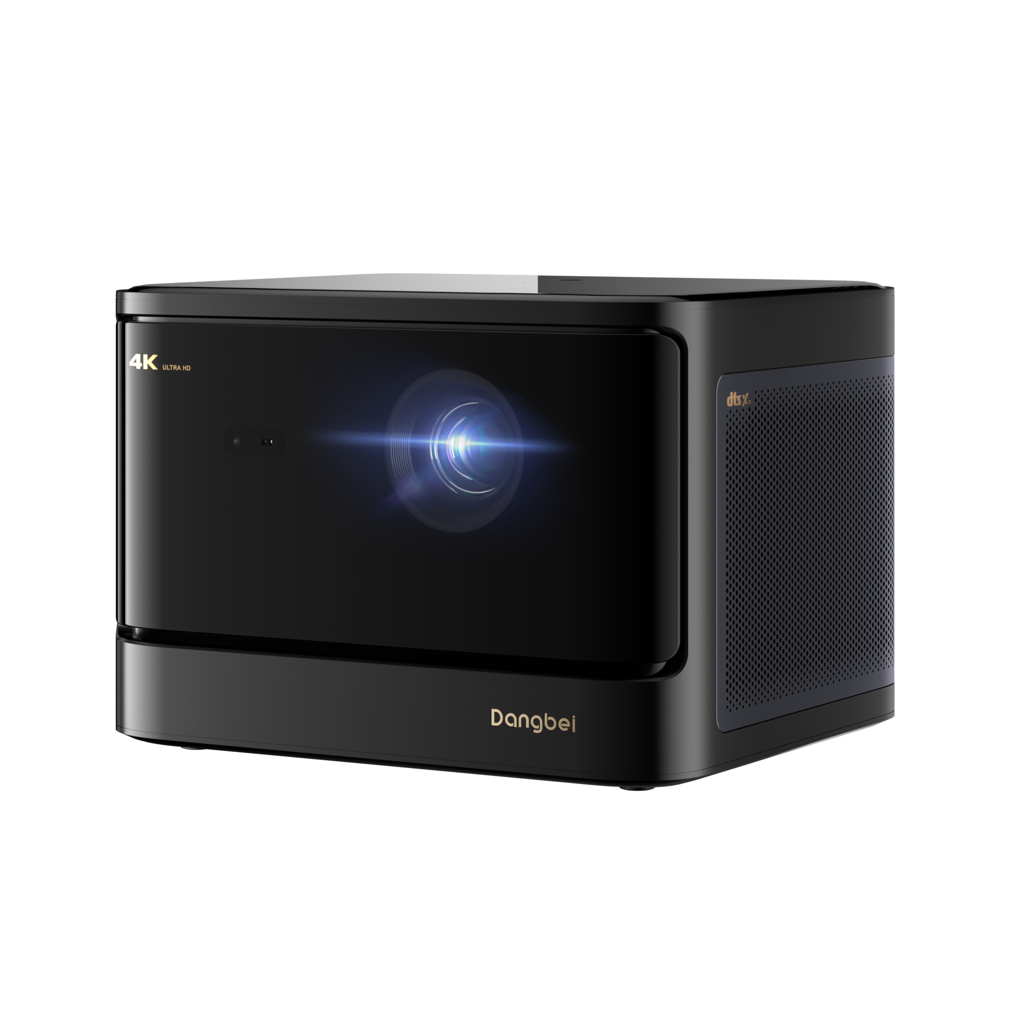 Dangbei DBOX02 4K Ultra HD ALPD laser projector with fabric speaker grille and stand, front three-quarter view on a white background.