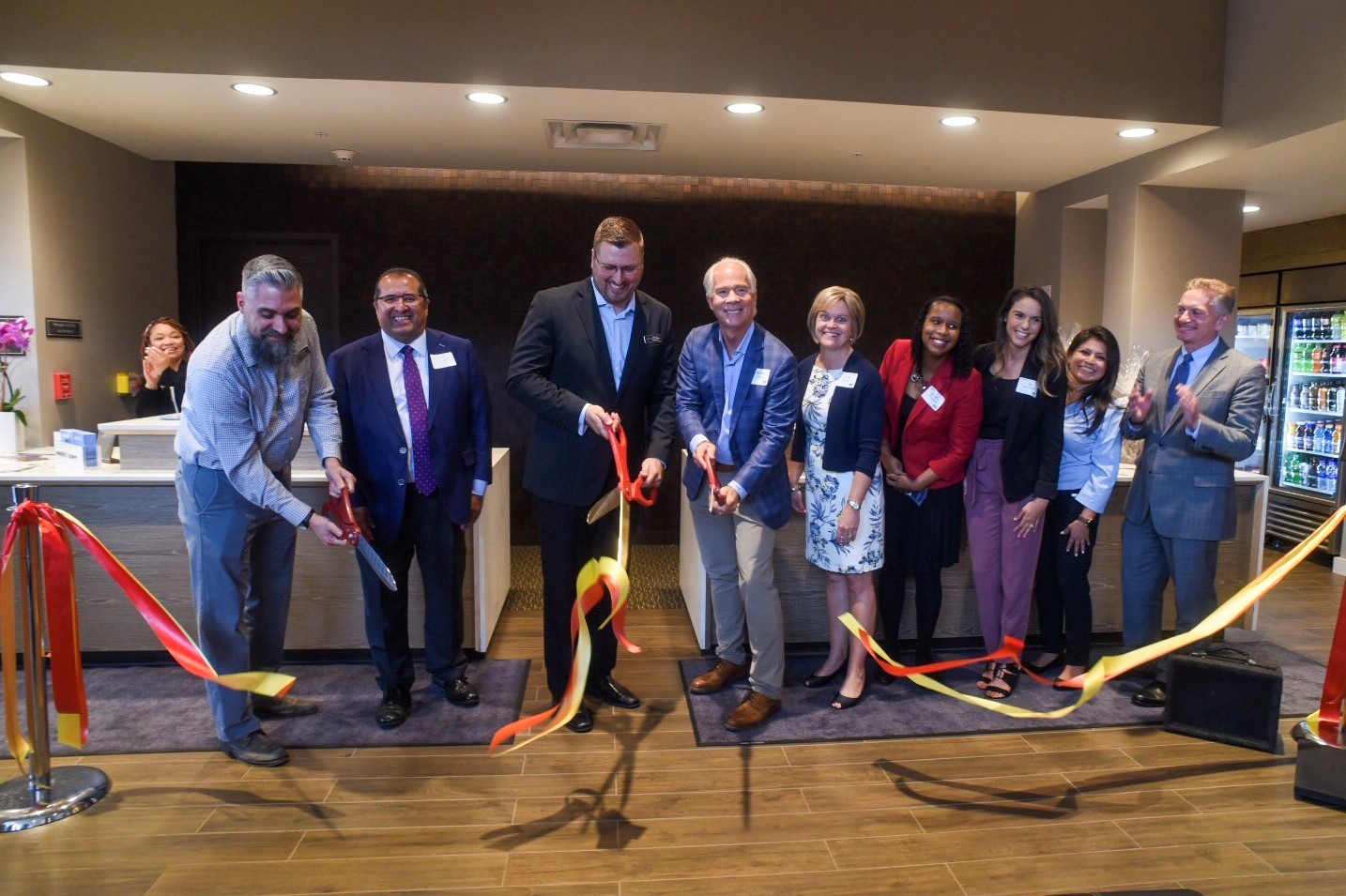 High Hotels Ltd. held a ribbon-cutting ceremony to mark the grand opening of the  Residence Inn-Lancaster, Pa. Pictured left to right: 
Louis Duvall, Chief Engineer, Residence Inn-Lancaster;
Jim Carrillo, Senior Vice President-Franchise Operations, Marriott International;
Jeremy Geib, General Manager, Residence Inn-Lancaster;
Russ Urban, President, High Hotels Ltd.;
Lee Wager, Area General Manager, High Hotels Ltd.;
Kara Almodovar, Assistant General Manager, Residence Inn-Lancaster; 
J.J. Chronister, Area Director of Sales, High Hotels Ltd.; 
Ediht Lensbauer, Housekeeping Manager, Residence Inn-Lancaster; 
Tom Baldrige, President, Lancaster Chamber of Commerce and Industry.