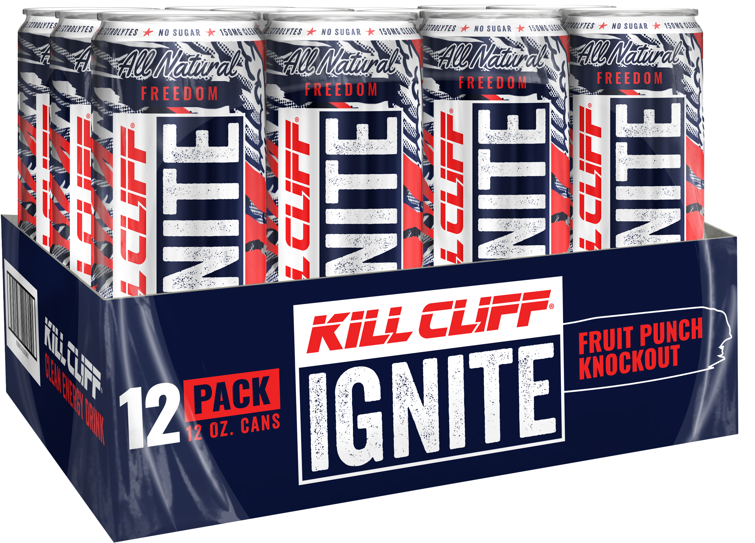 12 red white and blue cans of Kill Cliff in a case