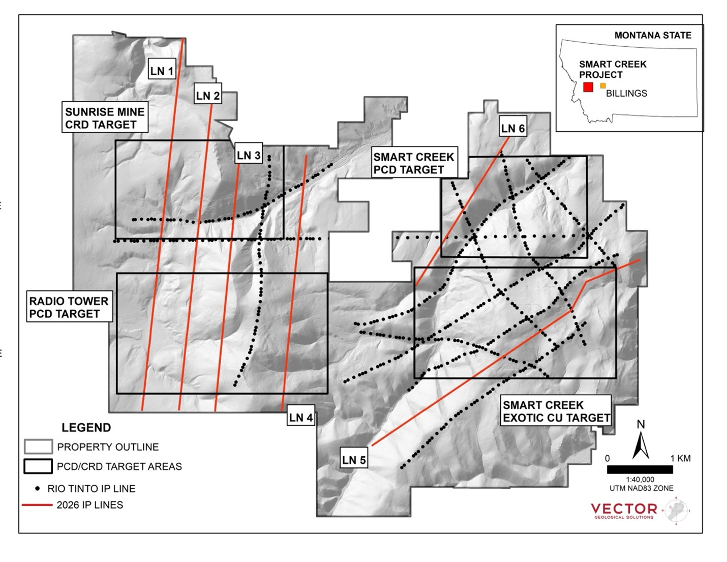New IP Geophysical lines completed at the Smart Creek Project, Montana.  Previous (2021) Rio Tinto line positions also shown. 