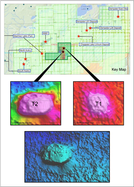 Map showing two indications of possible pegmatite outcrops revealed by the drone-enabled LiDAR survey