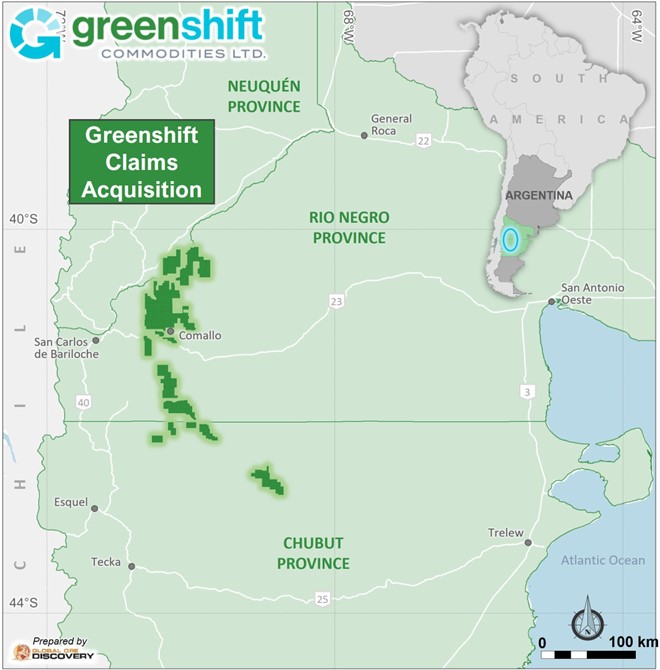 Map of location of 500,000 Ha of claims acquired by Green Shift in the current transaction. Note initial work will concentrate around the township of Comallo in Central Rio Negro Province