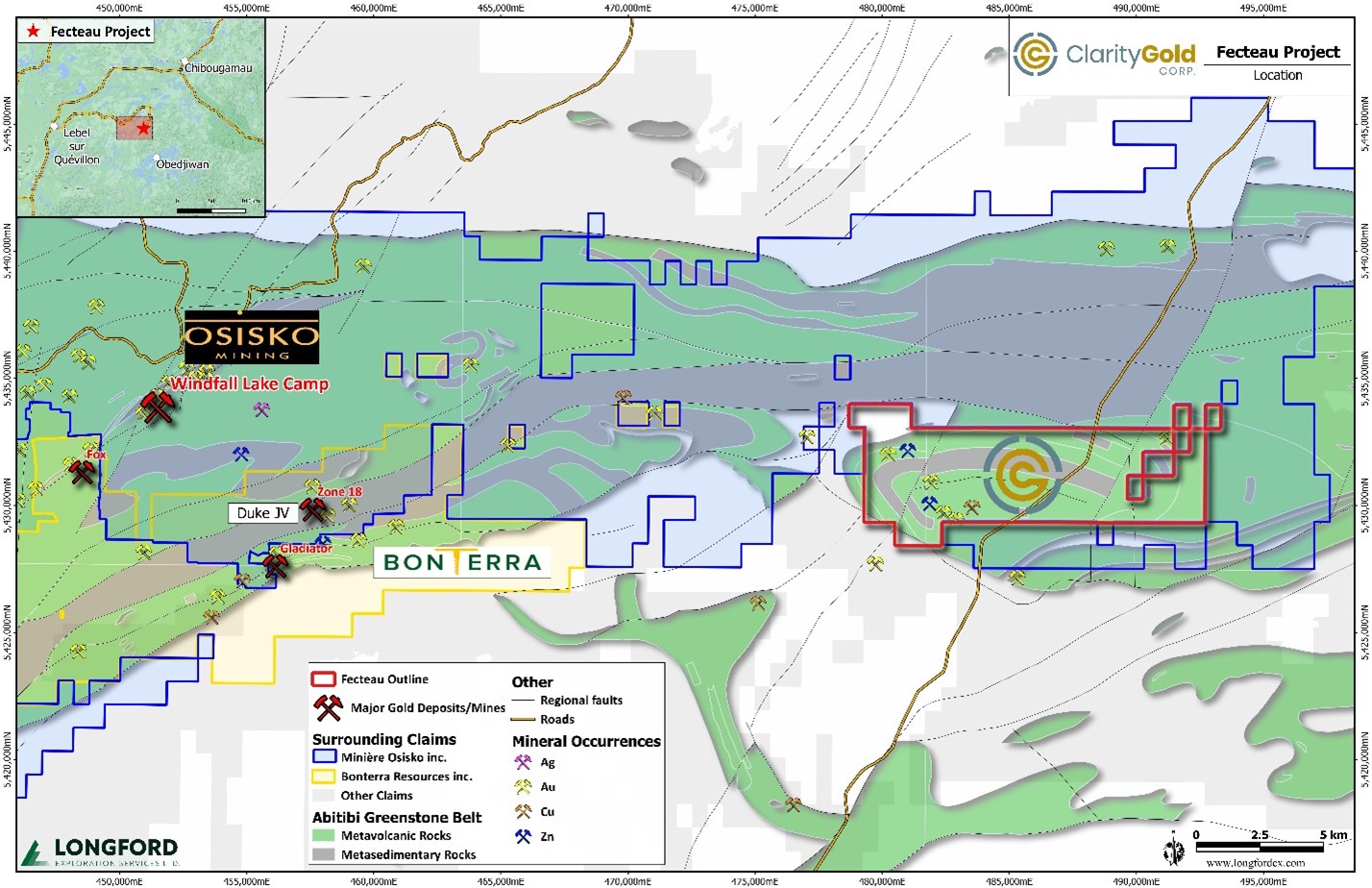 Location map of the fecteau project within the Abitibi Greenstone Belt.