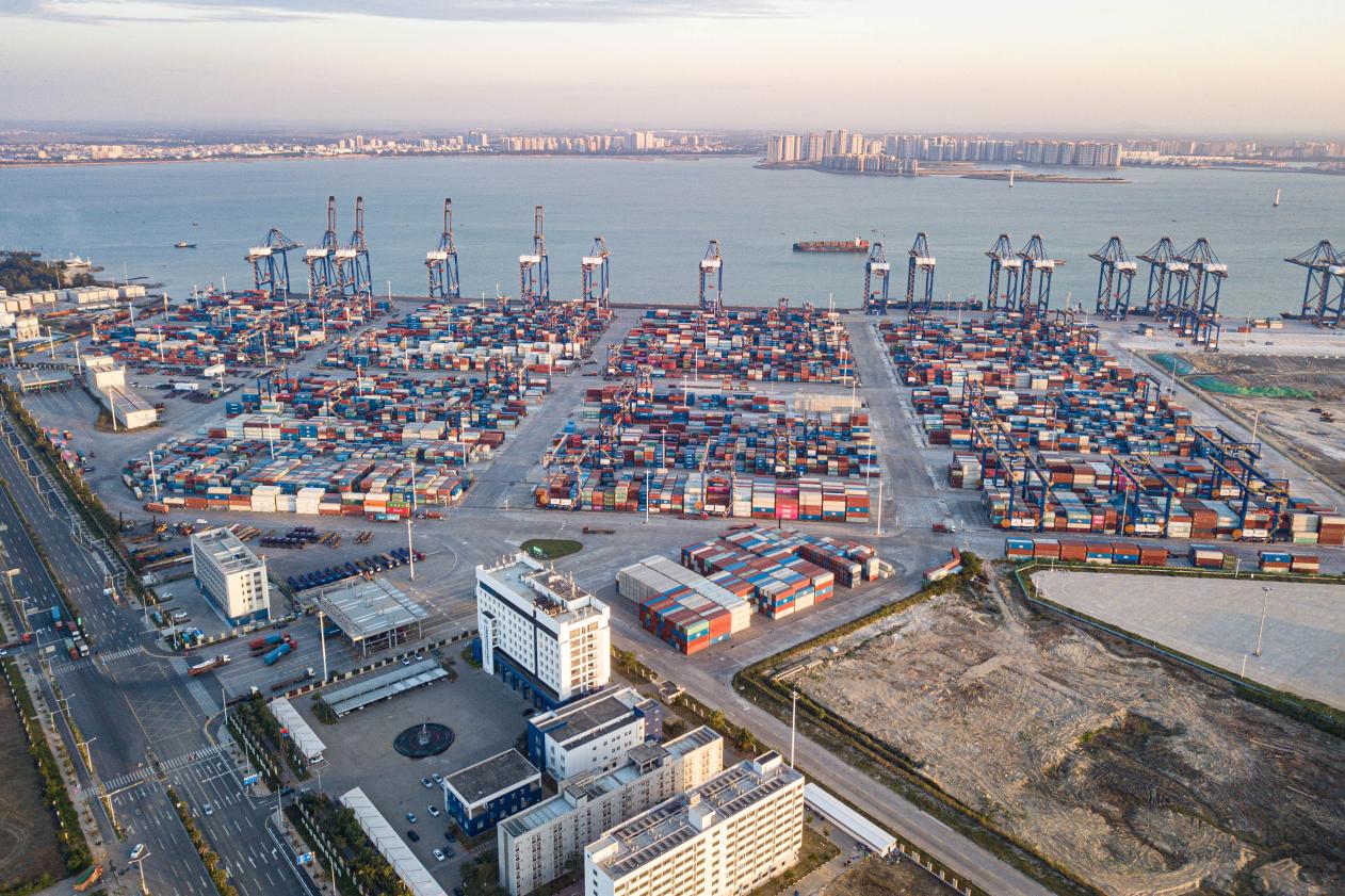 An aerial drone photo taken on Nov. 21, 2025 shows a view of the Yangpu International Container Port in Yangpu Economic Development Zone, south China
