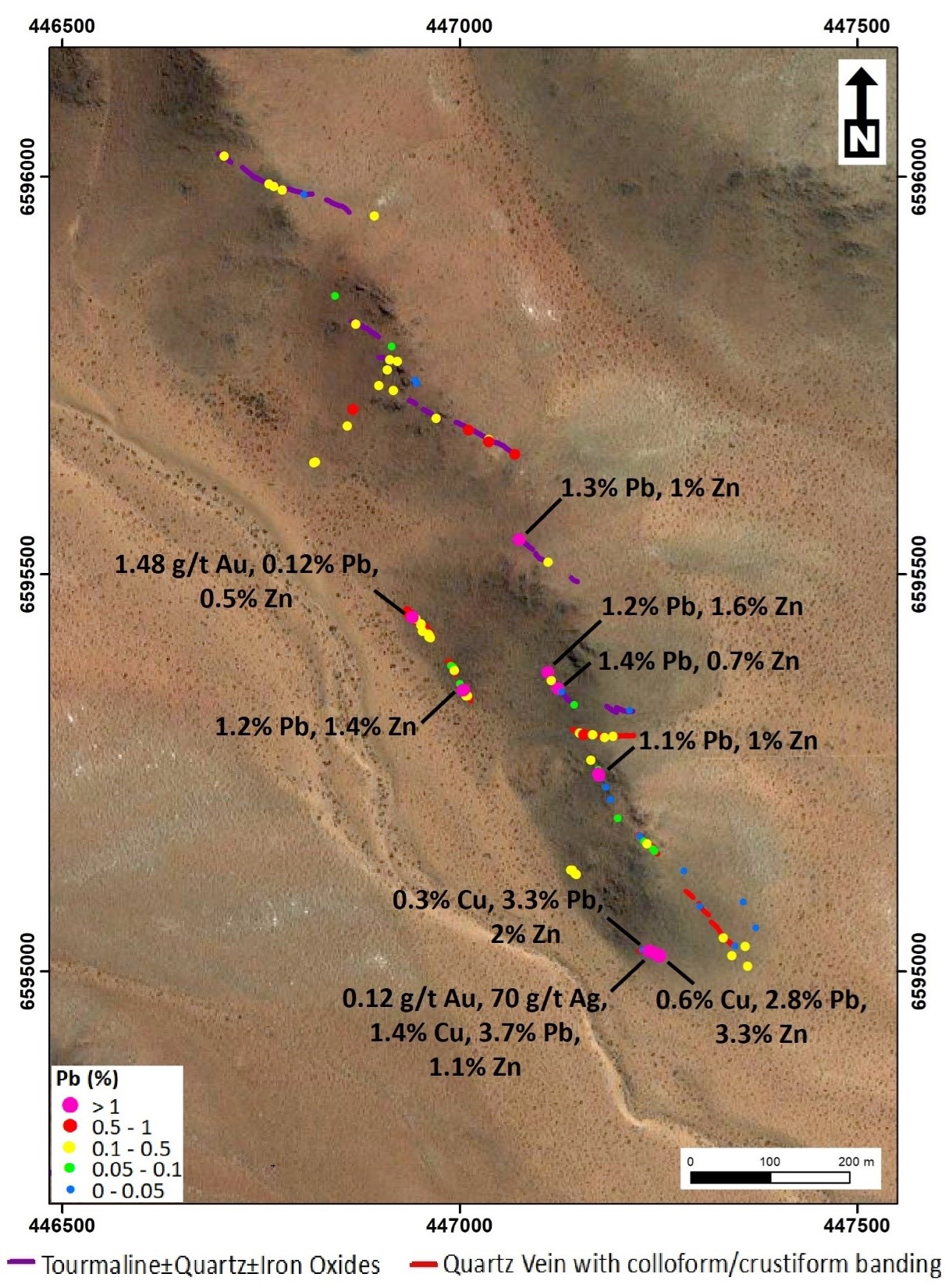 Veta Blanca intermediate sulphidation epithermal vein, with rock chip assay results for Pb, and best assay results for Au, Cu, Ag and Zn. 