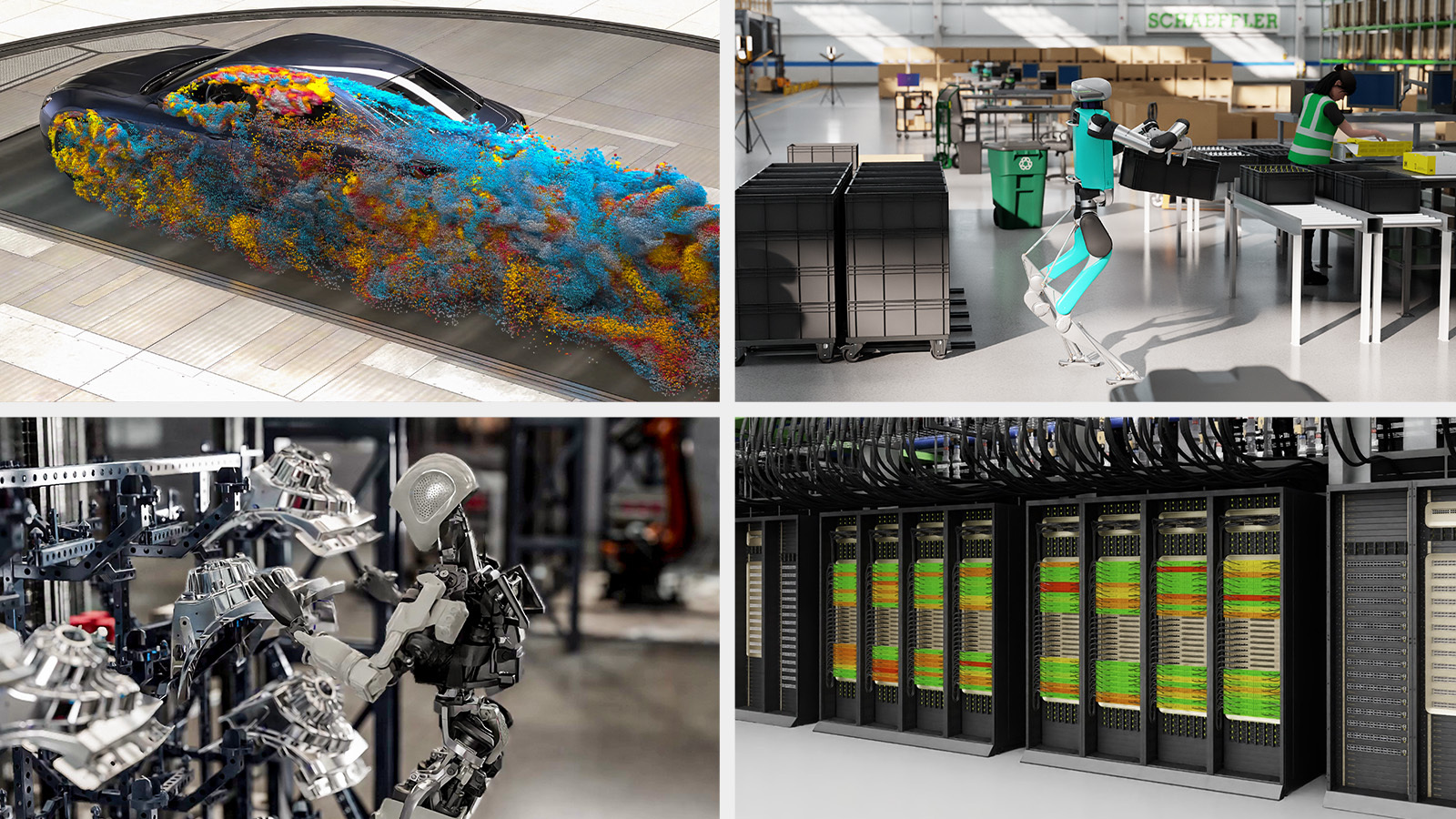 Four simulated environments enabled by NVIDIA Omniverse: a car in a wind tunnel with colorful airflow visualization, a factory with a robot and human workers packaging items, robotic arms assembling metal components, and rows of servers in a data center.Image Credit: Siemens (Top Left) Schaeffler | Accenture | Agility Robotics (Top Right)Mercedes Benz | Apptronik (Bottom Left) Cadence | ETAP (Bottom Right)