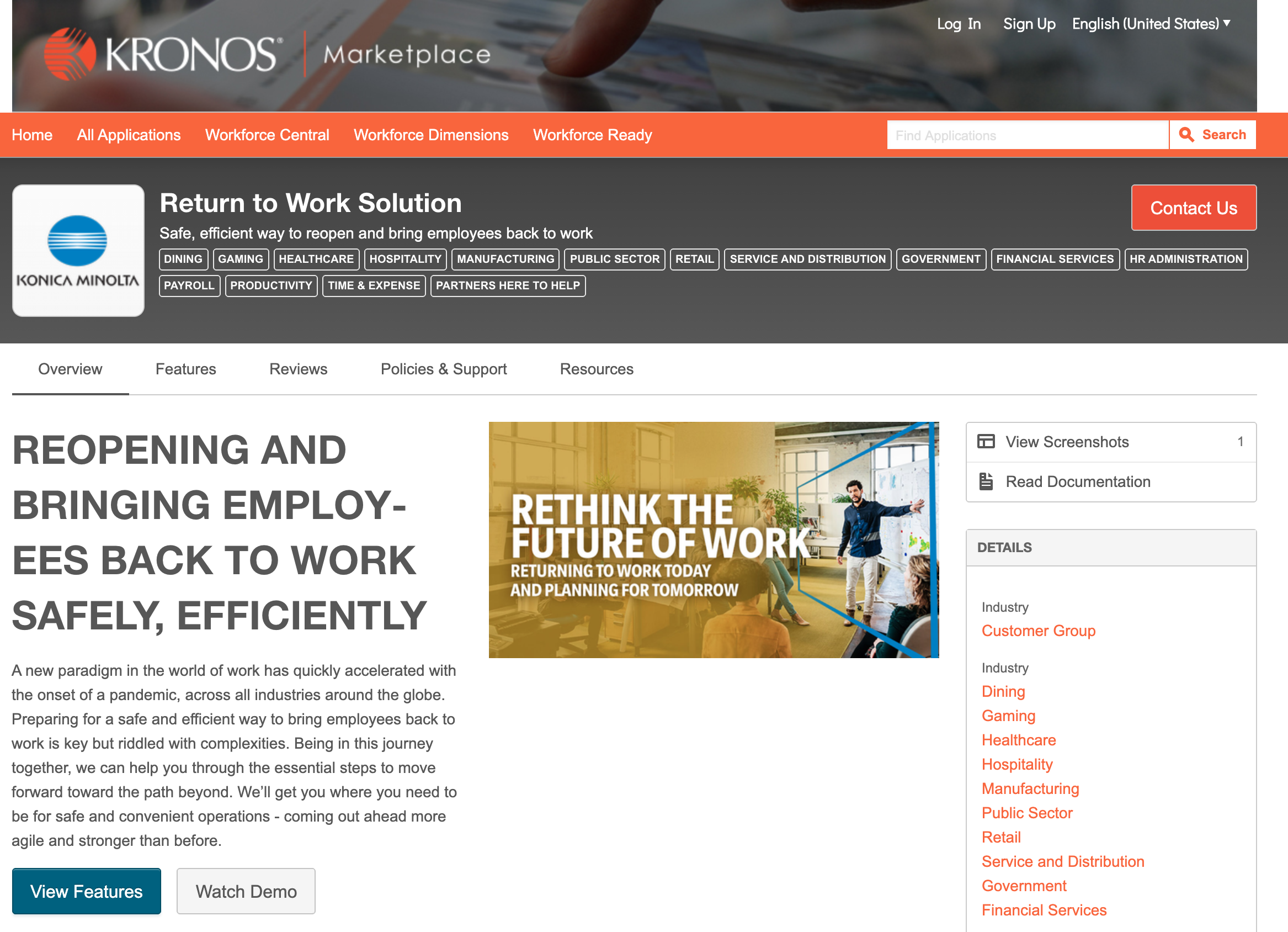 Konica Minolta’s Return to Work solution on the Kronos Marketplace.