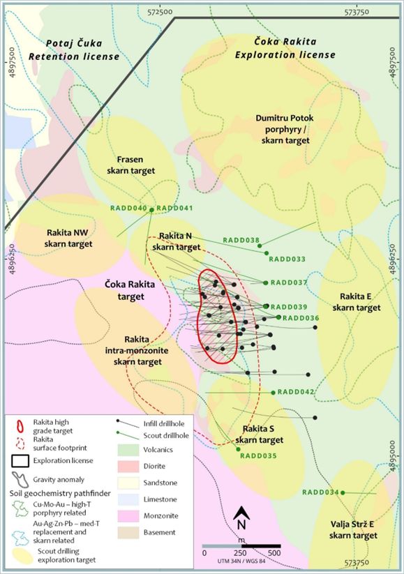 Overview map of Čoka Rakita exploration licence outlining the exploration targets that are currently the focus of the scout drilling campaigns and the additional scout drilling completed (and ongoing) to date.
