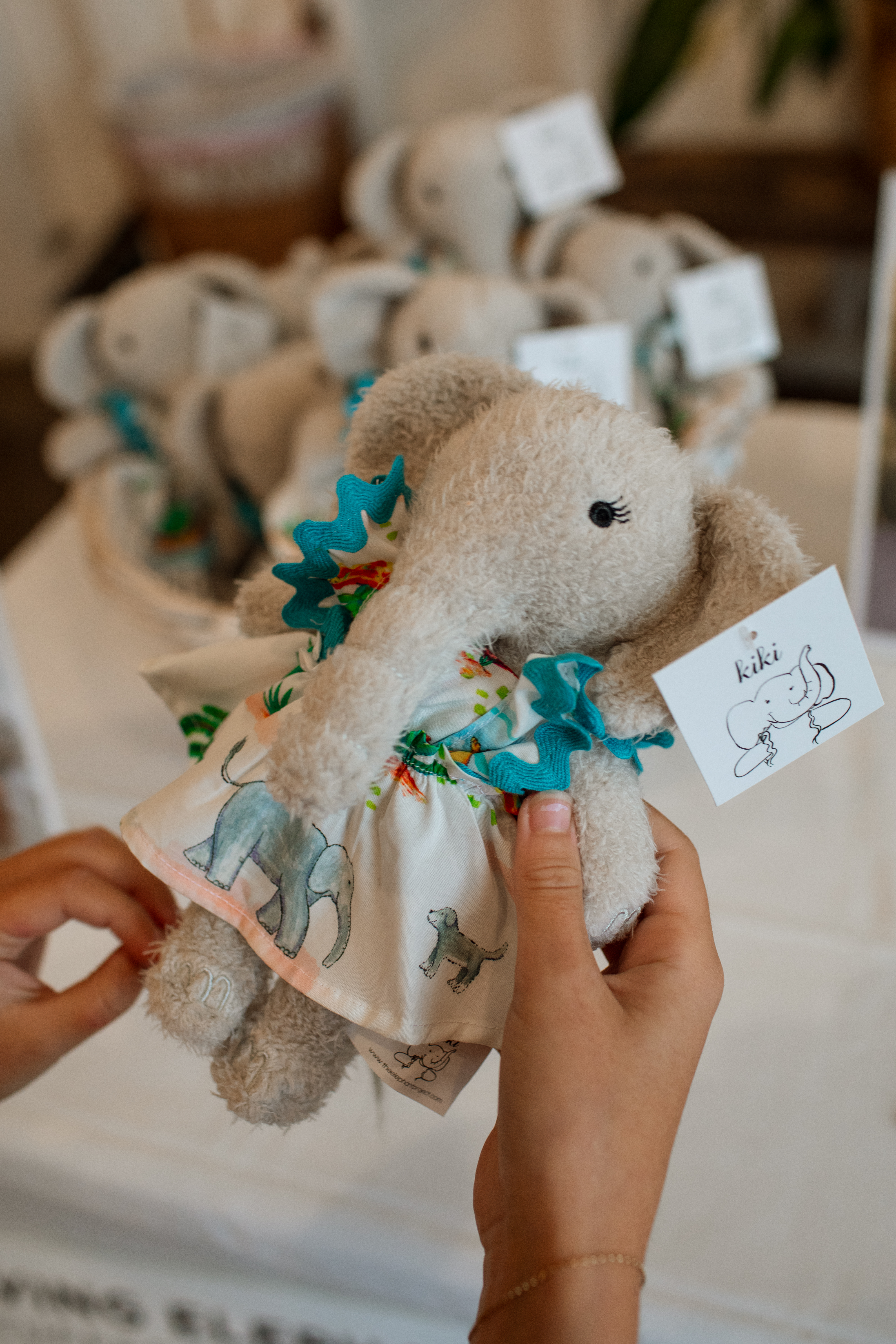 Toy elephant in "Trunks Up" pajamas
