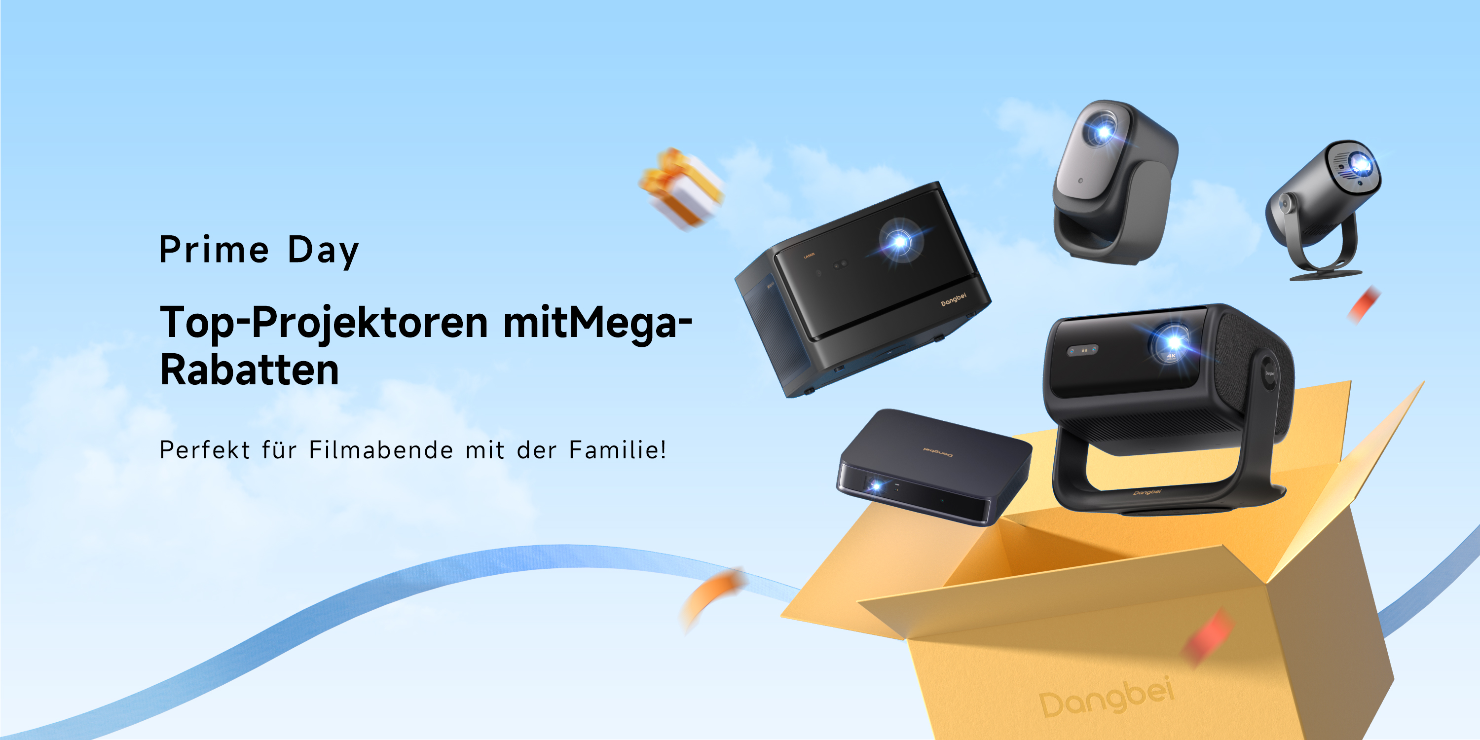 Dangbei Prime Day Grafik mit Projektoren und Geschenkbox.