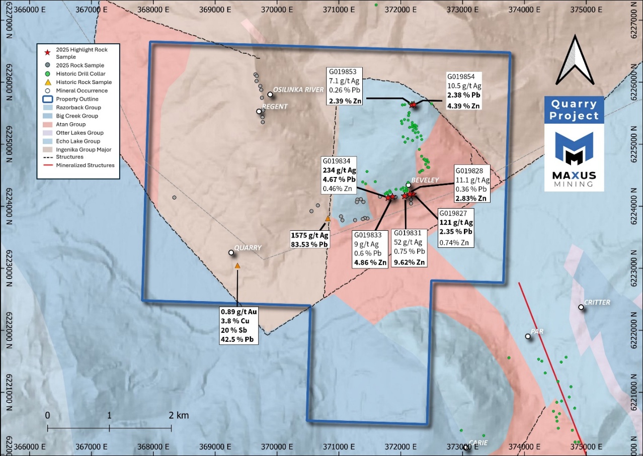 Figure 1: Quarry Antimony Property Outlining Historic Showings, Historic Assays and 2025 Program Highlights