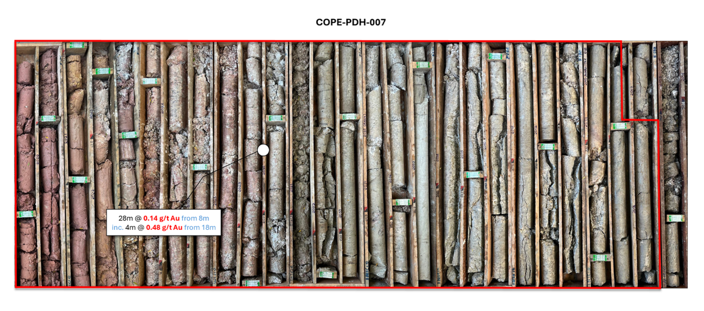 Figure 4. Image of core from the significant gold in saprolite intersection reported from diamond hole COPE-PDH-007 from 8.00 – 34.00m drilled interval. (28m @ 0.14 g/t Au)