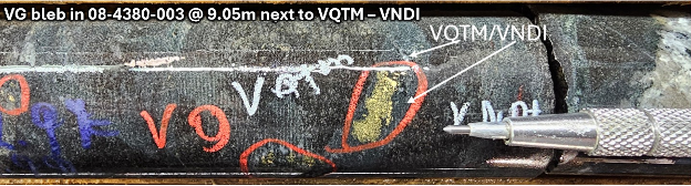 Figure 2. Visible gold showings in hole MM25D-08-4380-003.