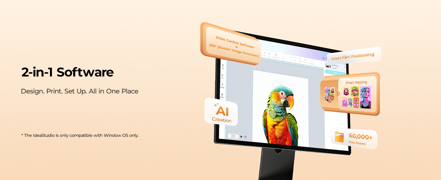 HTVRONT D2 DTF printer with integrated IdeaStudio software for simplified workflow and batch production.