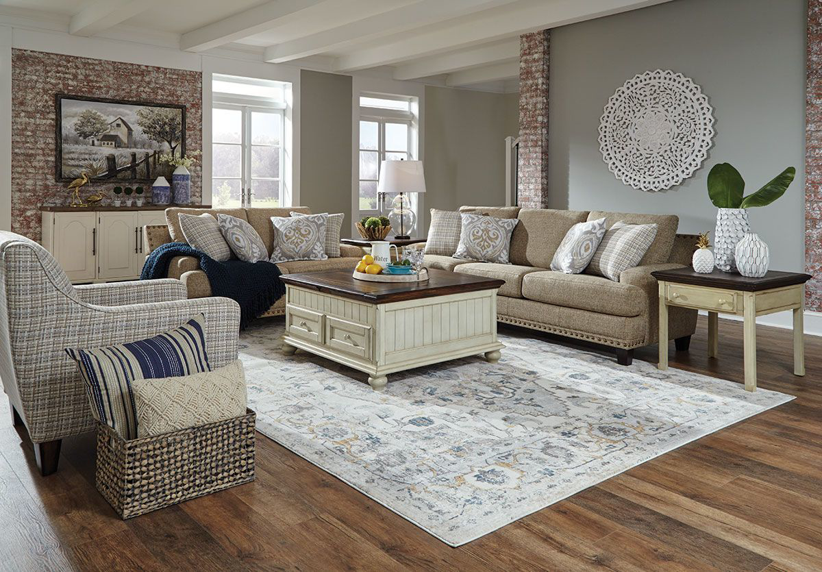 Markham collection shown with sofa, loveseat, and accent chair. 