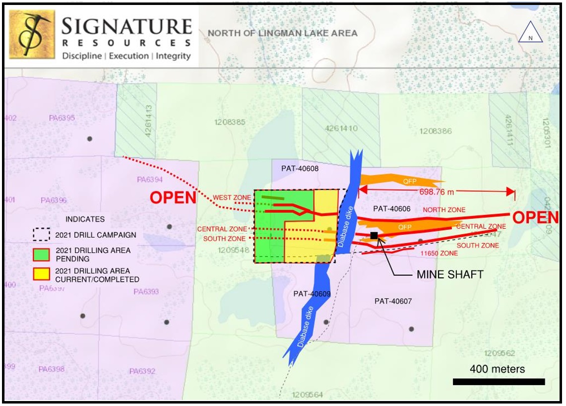 A map property showing the 2021 drill campaign relative to the zones west of the dike is presented below.