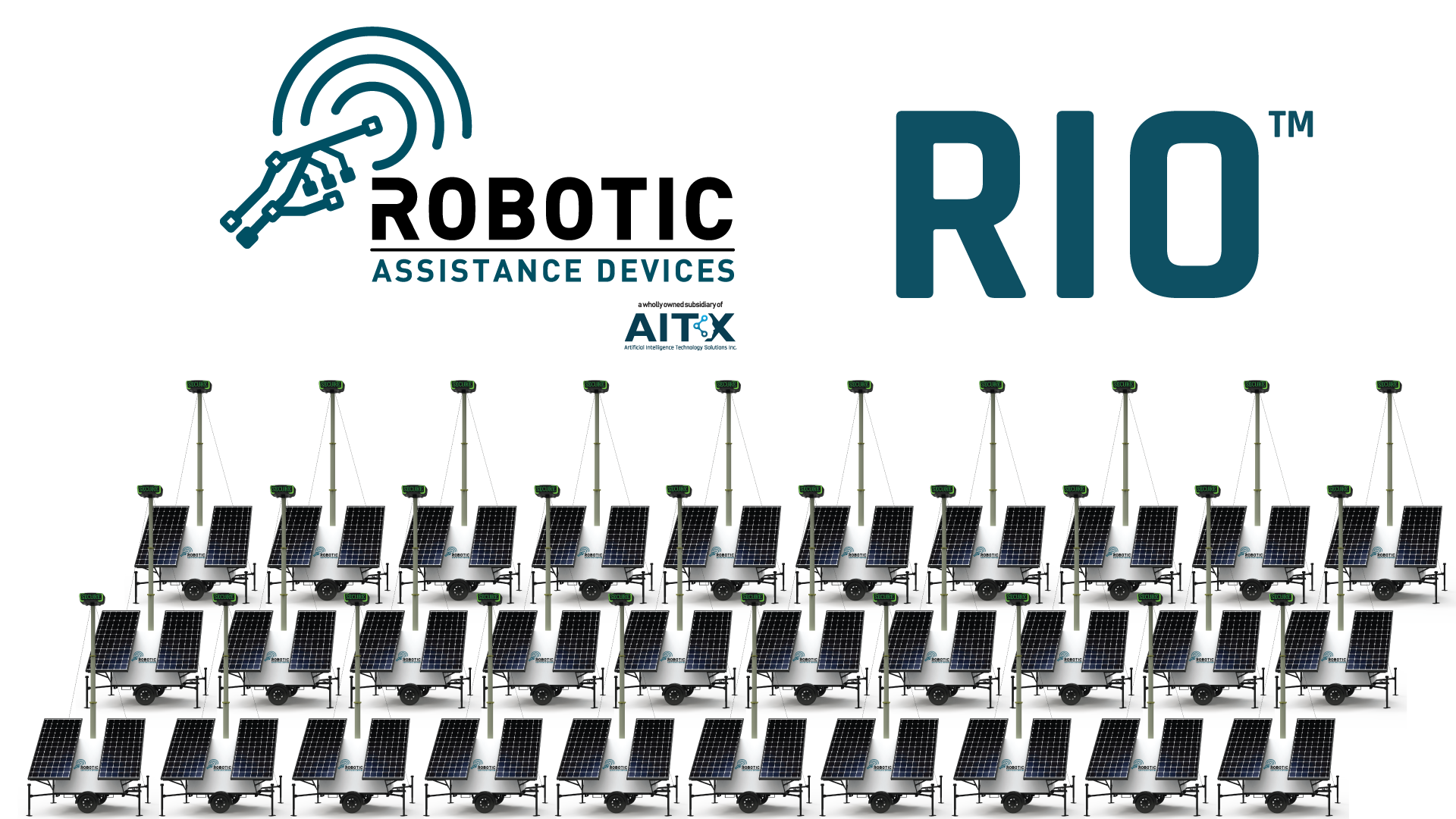 Illustration of a 30 RAD RIO solar-powered security robot towers in simulated autonomous response mode. RAD has received 30 pre-orders or RIO since its introduction.