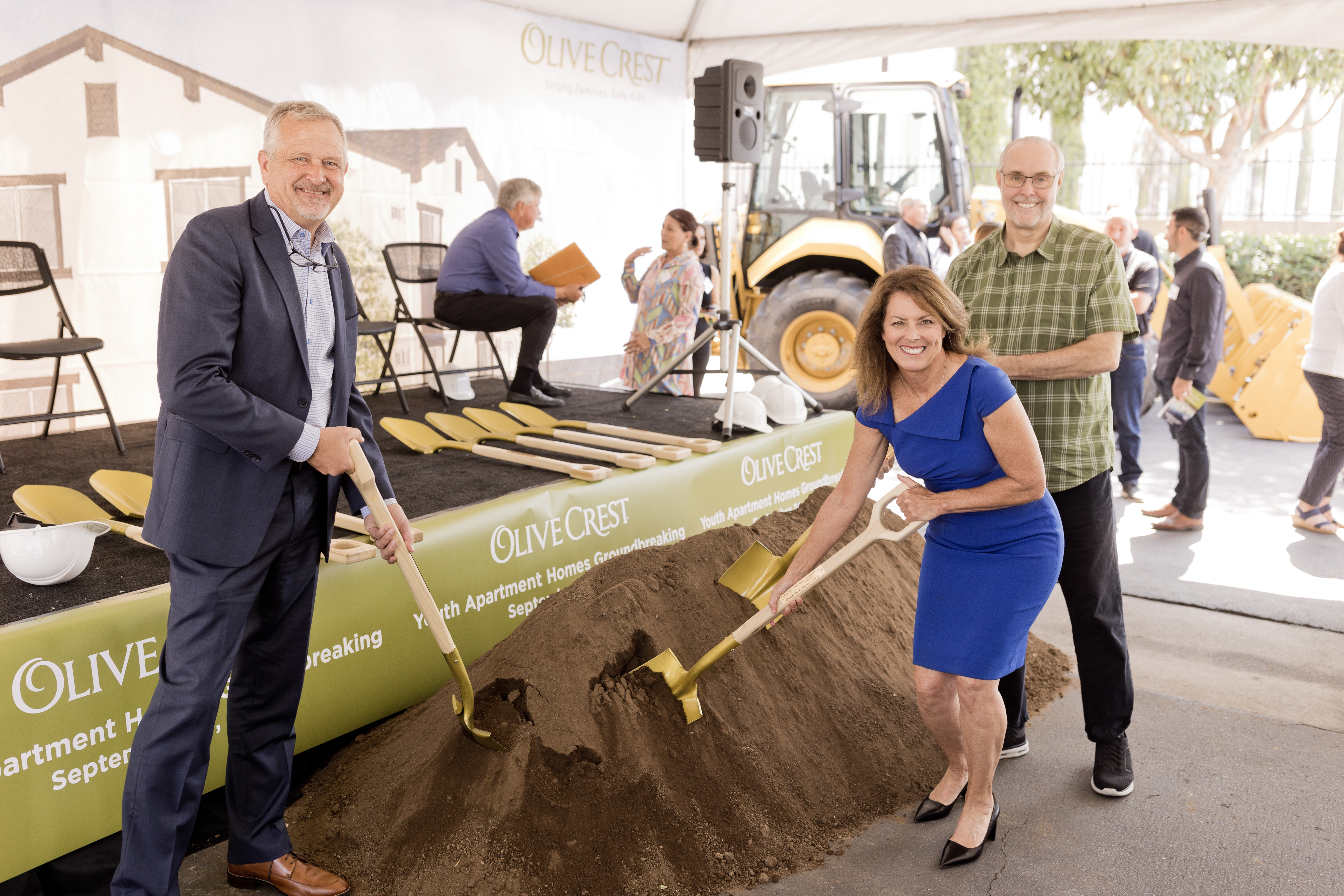 Donald Veleur, CEO of Olive Crest, Jill Wallace, Board of Directors Member, and Jim Palmer, president and CEO of RSI Dream Communities break ground for new transitional residential facility for homeless and housing insecure young adults in Orange County