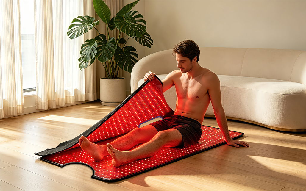 Man sitting on floor with red LED light therapy mat.