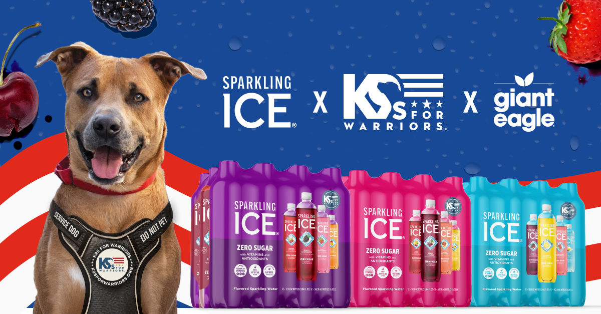 A brown K9s For Warriors service dog sits beside three Sparkling Ice variety 12-packs with Sparkling Ice, K9s For Warriors and Giant Eagle logos.