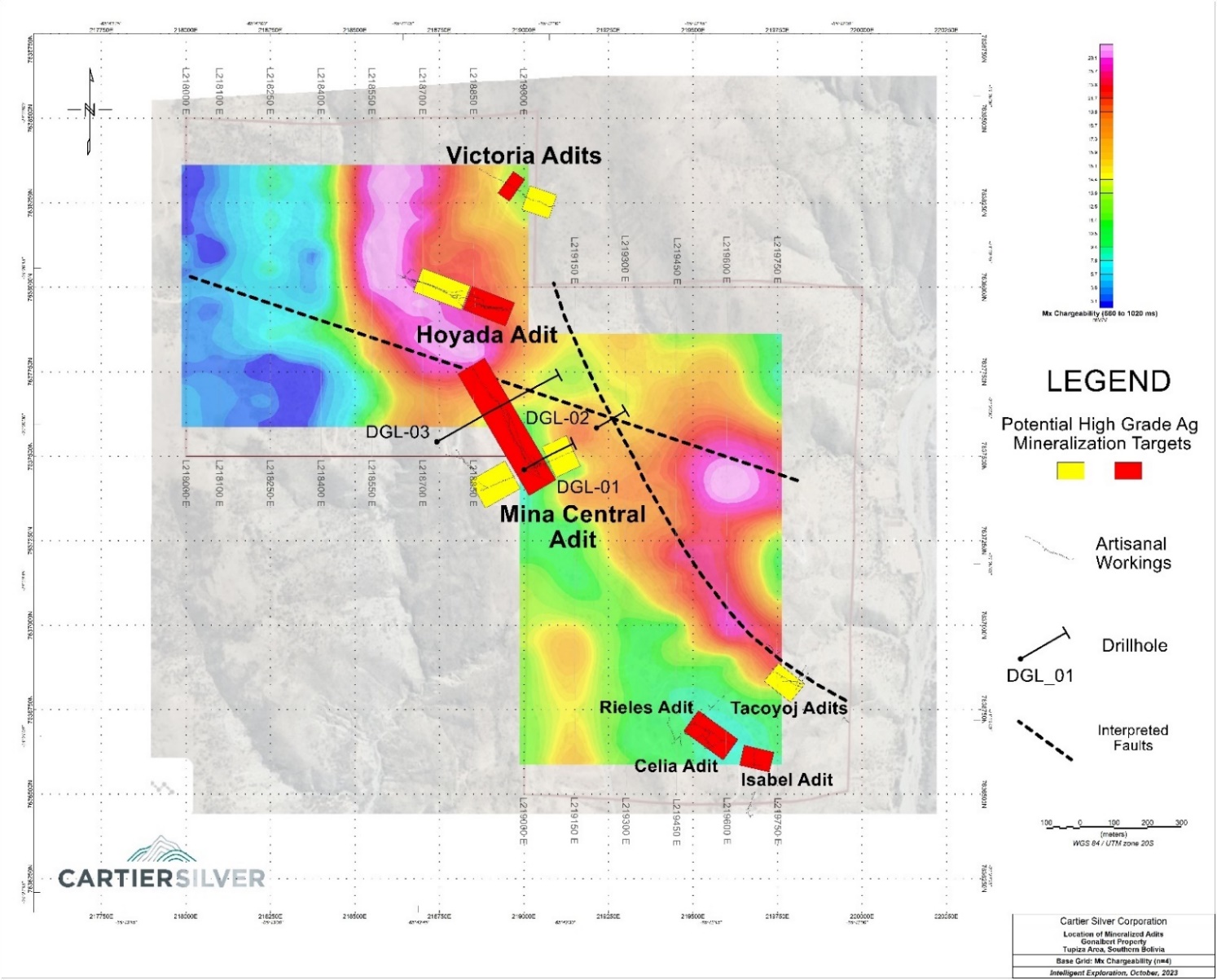 Plan Map with Drill Holes Completed Showing Model Chargeability and Correlation of Chargeability with Potential High Grade Silver Target Areas outlined by Underground Channel Sampling