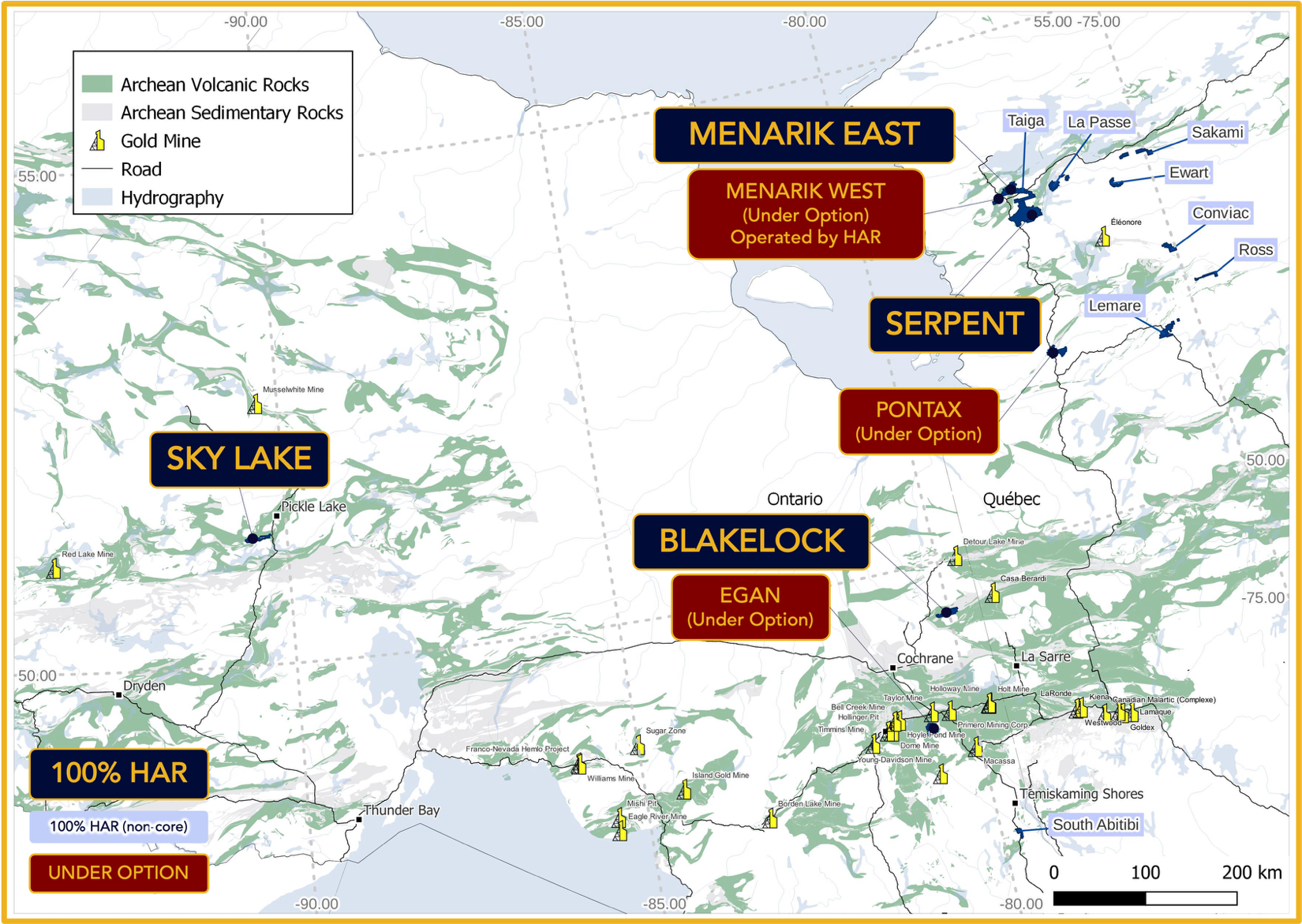 Figure 1. Carte de localisation des projets de Harfang dans la région d’Eeyou Istchee Baie-James (Québec) et en Ontario