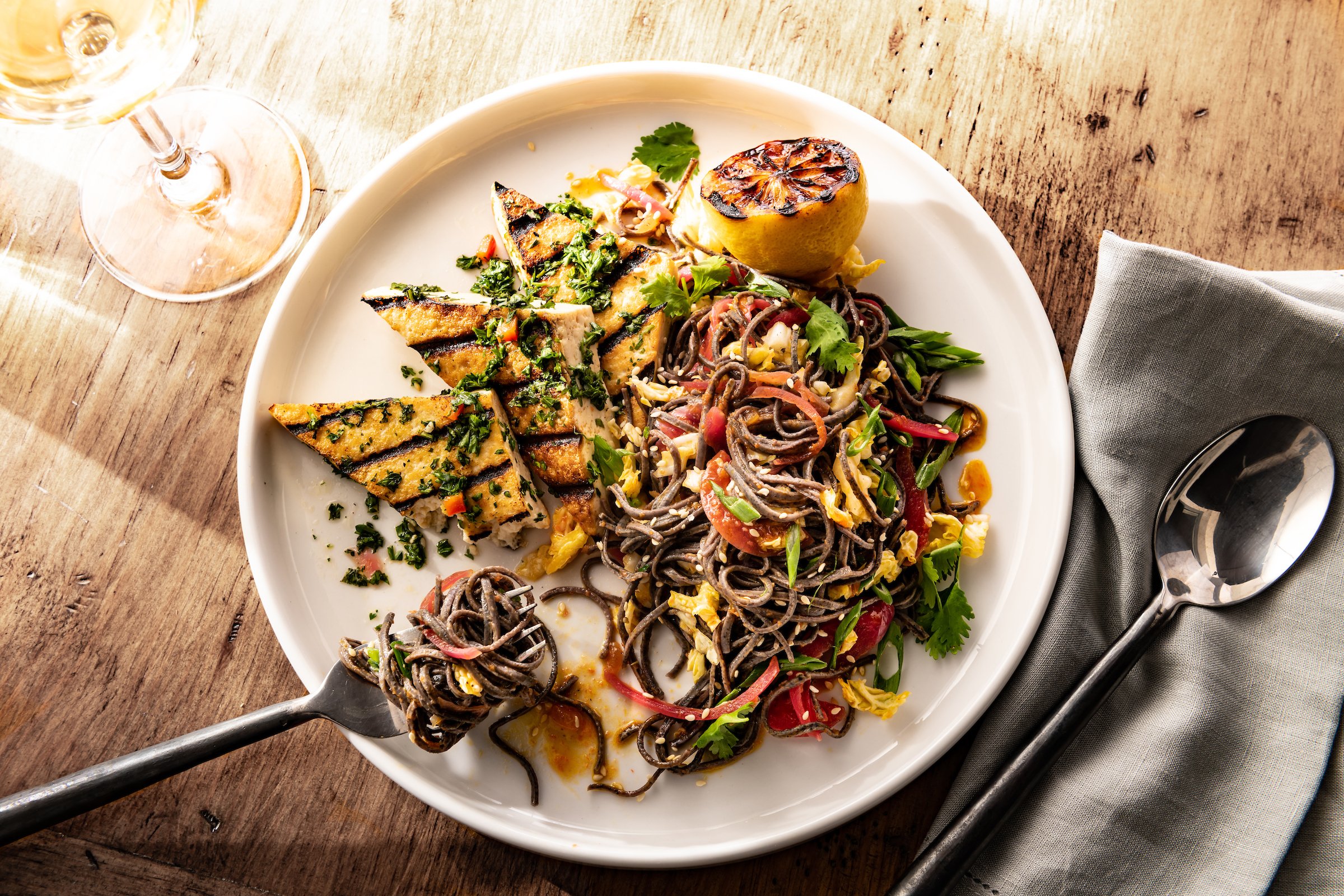 Seared Tofu with Miso Black Bean Pasta