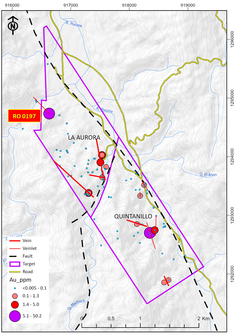 Samples map of the recent campaign and their gold grades, and the mineralized veins identified with their strikes measured in the field.