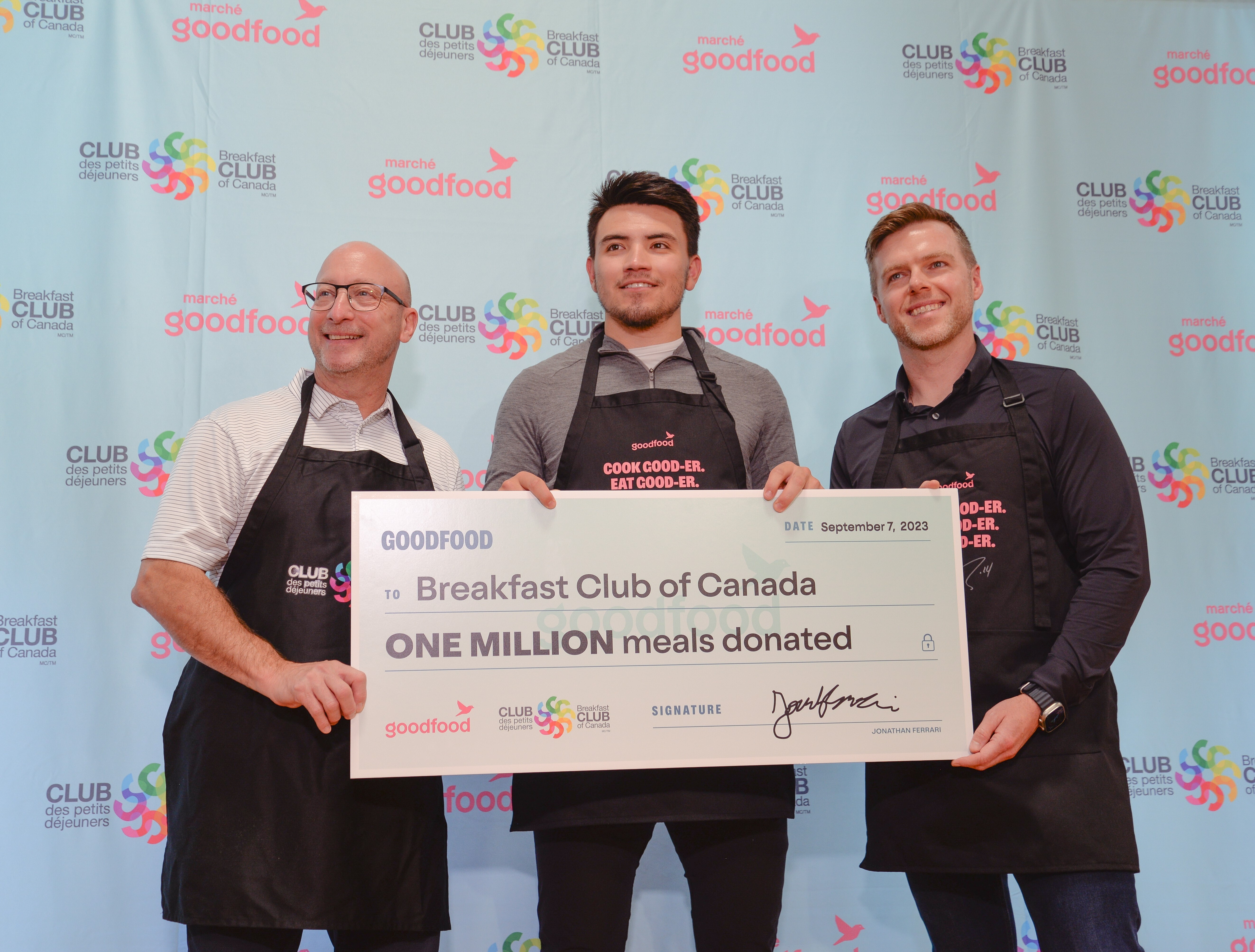 From left to right: Tommy Kulczyk, Nick Suzuki and Neil Cuggy announce 1 million meals donated to the Breakfast Club of Canada