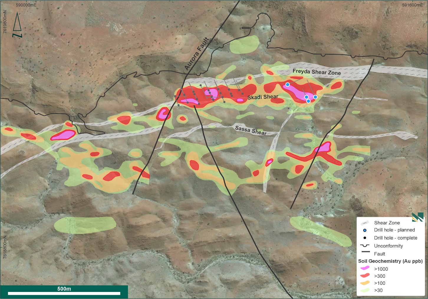 Figure 4: The broader Nunyerry North Project area highlighting contoured gold results from soil sampling at Nunyerry North and current drilling area.