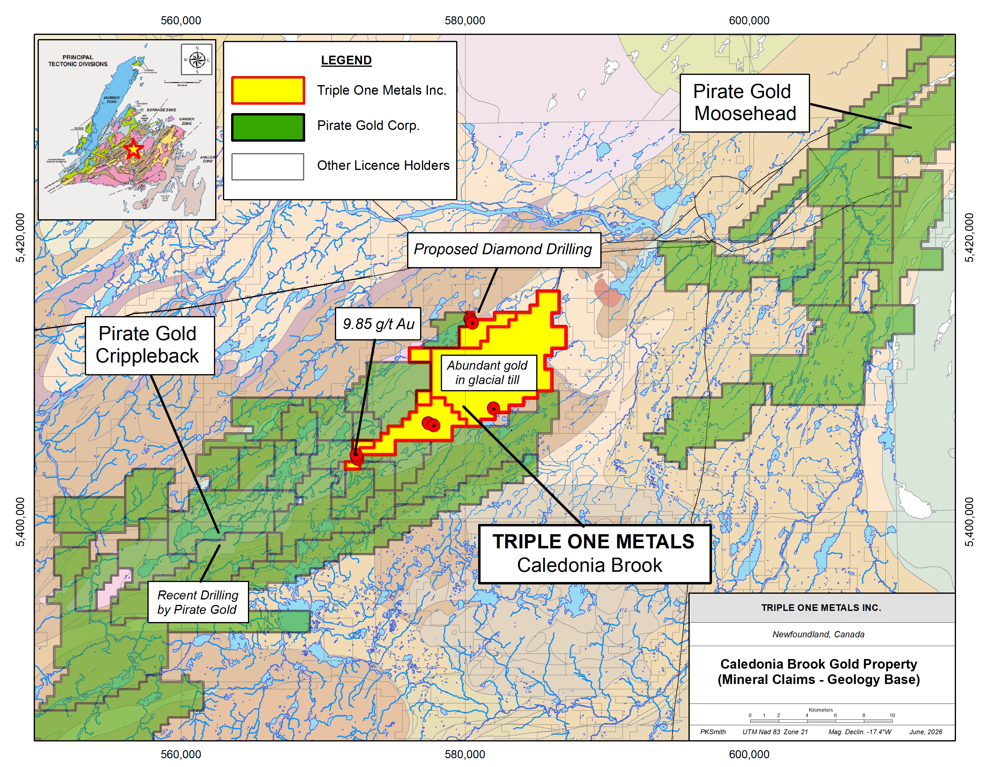The Map shows teh Caledonia Brook Properties (in Yellow) and the adjacent Pirate Gold Treasure Island Project in Green