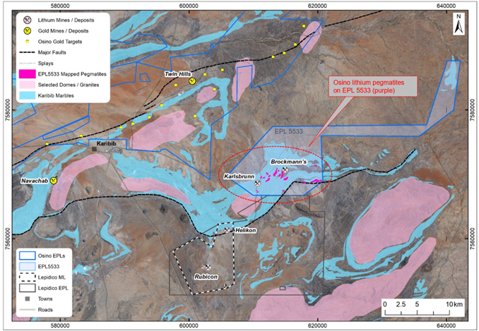Omaruru Lithium Project location relative to the Twin Hills Gold Projet and other mines and deposits in the area