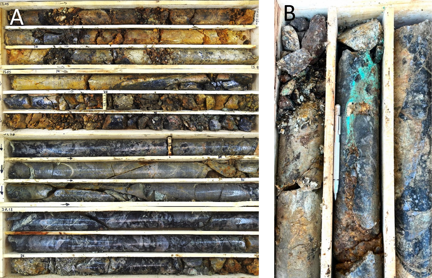 Cu-Au breccia mineralization at Breccia Ethan (A) Typical quartz-tourmaline-pyrite-chalcopyrite-chalcocite breccia (SFDH-063, 13 to 40 m). (B) Strong malachite staining of a quartz-tourmaline breccia. From a 0.9m long sample that returned 0.79 g/t Au, 5.8 g/t Ag & 0.66 % Cu (SFDH-063, 21.75-22.65m).  Photographs are of a selected interval and is not necessarily representative of mineralisation hosted throughout the property.