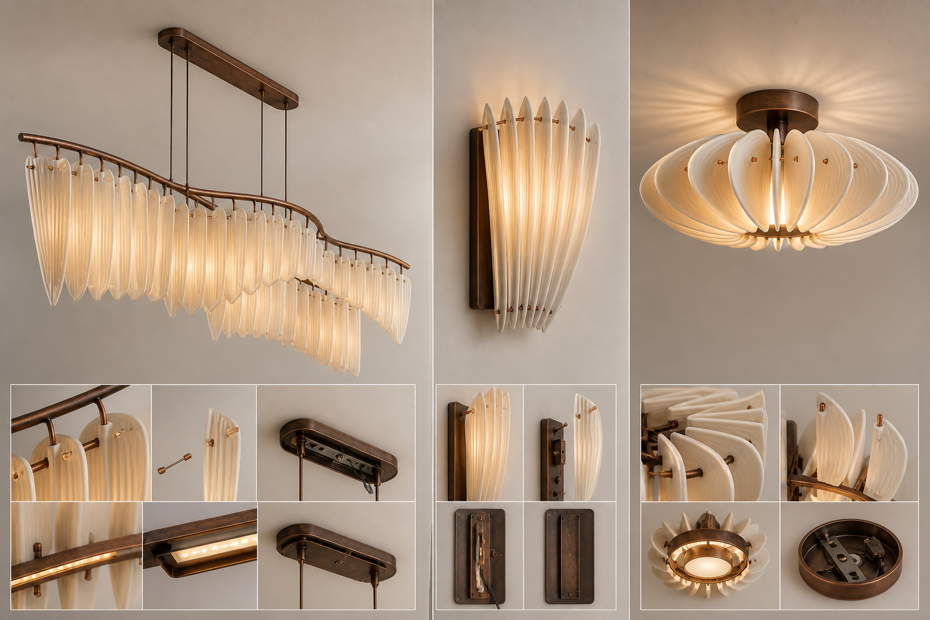 Reed Cloud translates repeated translucent forms across chandelier, wall-light and ceiling-light designs. Image: Dlight Decor.