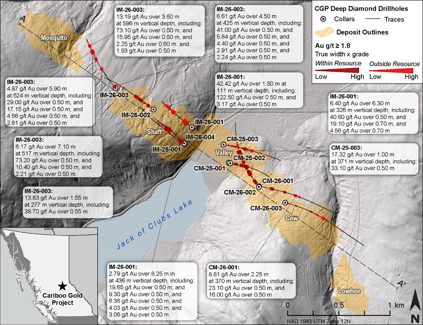 Figure 1: Plan view Cariboo deep and gap zone surface drilling select intercept highlights.