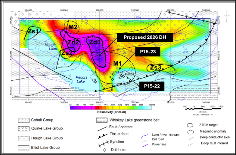 3D ZTEM resistivity plan view at 1000m depth with Zd1 and Zd2 anomalous features.
