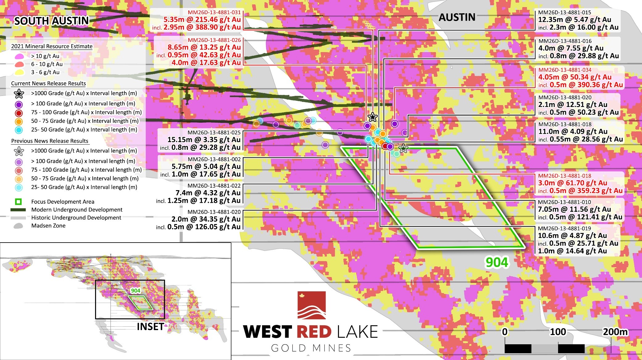FIGURE 5. Long Section showing drill highlights from current press release in Austin 904 Complex with (grade x thickness) at ≥ 25 (g/t Au x m). Interval length denotes downhole core length.  image