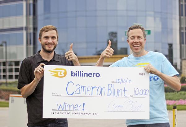 Cameron Blunt of Lowell, Ind., Billinero's first $10,000 Quarterly Drawing Winner last October 2020, with Chris Campbell, Executive Vice President of Billinero.