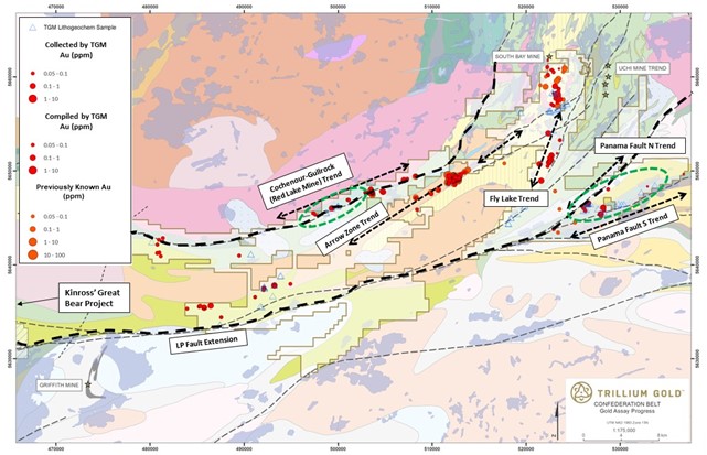 Map showing Trillium Gold's Confederation Belt project and all currently known gold occurrences. Green ovals represent areas discussed in this news release.
