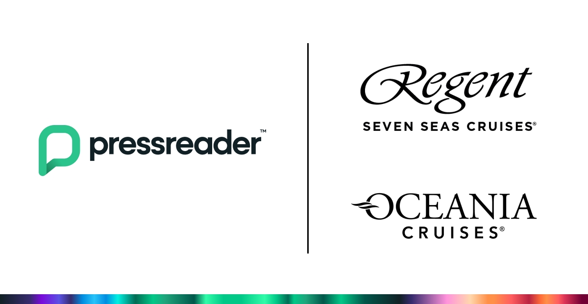 The logos of PressReader, Oceania Cruises and Regent Seven Seas Cruises.