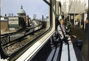 Richard Estes, "M Train on Route to Manhattan Approaches the Williamsburg Bridge" 1995, Copyright Richard Estes, Courtesy of Louis K. Meisel Gallery