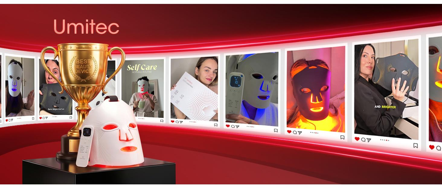 Umitec branded display presents the ZoneCraft LED face mask alongside skincare visuals in multiple light colors.