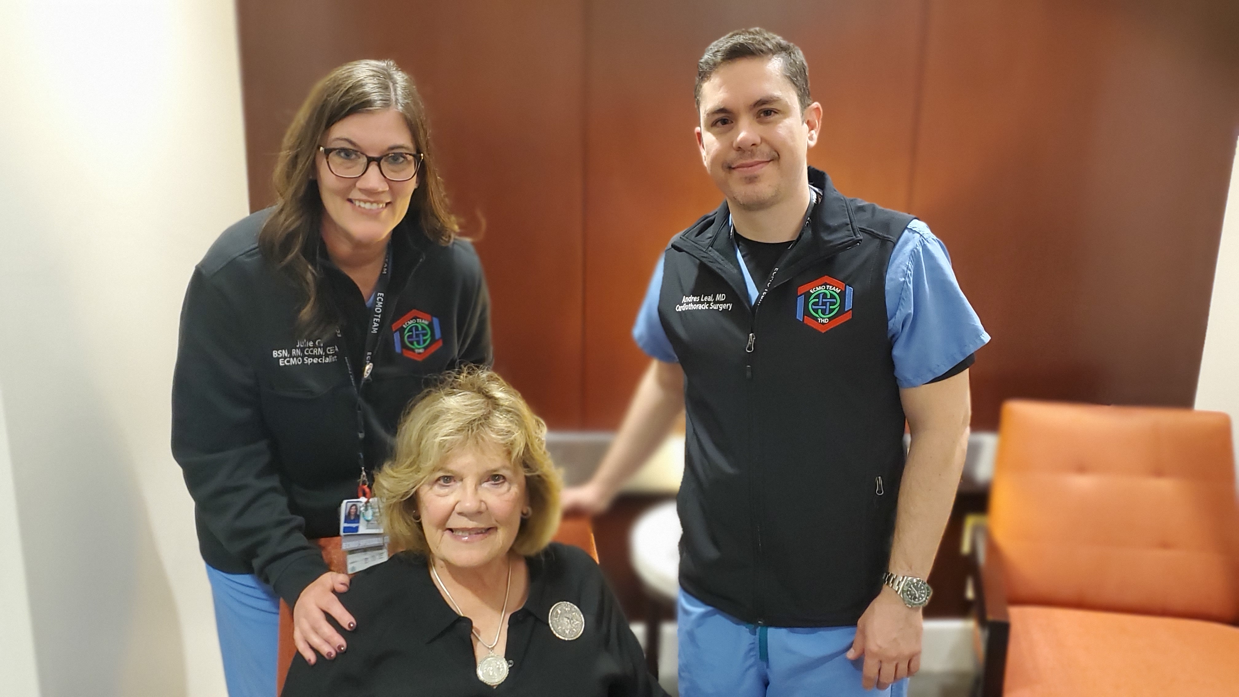 During a recent patient reunion, Linda Potthoff, center, chats with Julie Cox, ECMO manager, and Andres Leal, M.D., a cardiothoracic surgeon on the Texas Health Dallas medical staff.