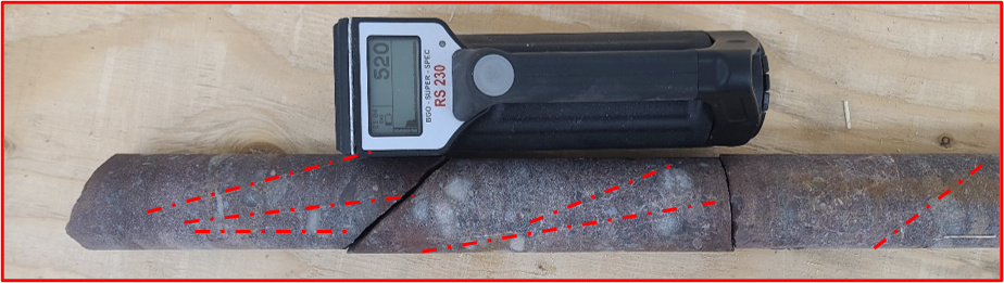 Whole core measured with the RS-230 BGO Super-SPEC Handheld Gamma-Ray Spectrometer (1,540 cps with downhole probe). Red lines highlight stockwork fractures.