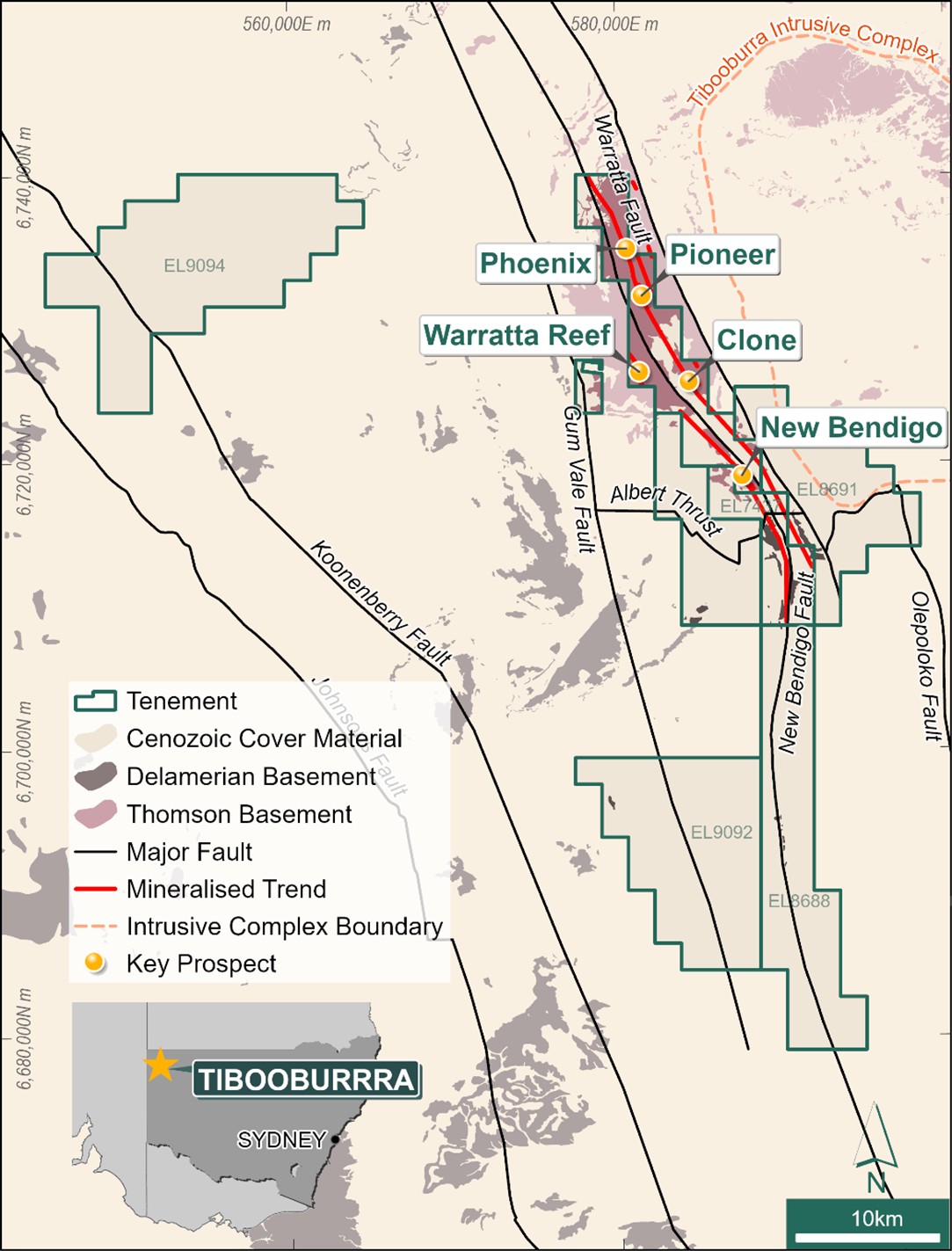 Tibooburra Gold Project location and tenement map, showing main prospects. 