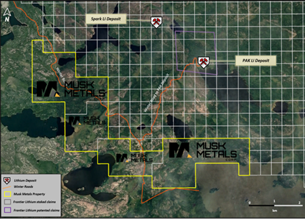 Map 3: Musk “Pakeagama” claims proximity to the PAK and Spark lithium deposits of Frontier Lithium