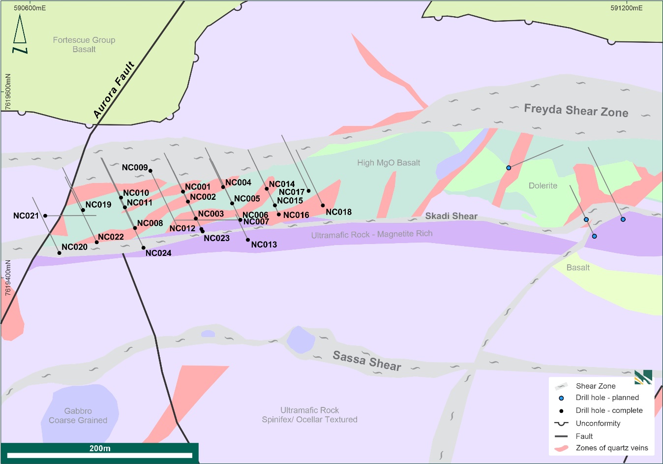 Figure 3: Nunyerry North geological interpretation, soil gold geochemistry and drill hole location plan.