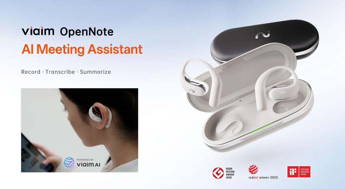 viaim OpenNote open-ear AI meeting headphones and its charging case, displaying international design award logos including Red Dot and Good Design.