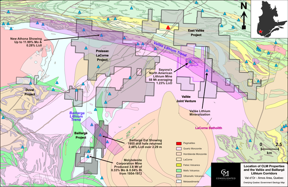 CLM Regional Projects Map [property boundaries from Company resources and historical drill hole, geology and showing information from the Government of Quebec website https://sigeom.mines.gouv.qc.ca/signet/classes/I1108_afchCarteIntr .]